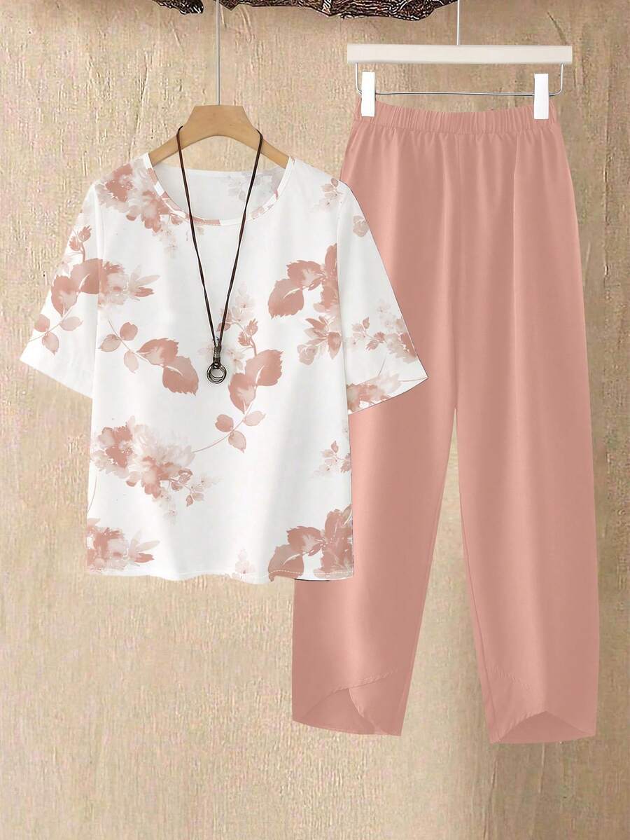 SHEIN LUNE 女士夏季植物印花圆领短袖上衣和裤子两件套 - 粉色 - 查看 1