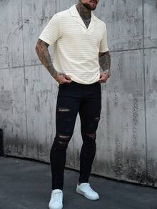 Manfinity Homme 男士纹理领 Polo 衫，休闲日常轻薄简约短袖 - 米色 - 查看 6