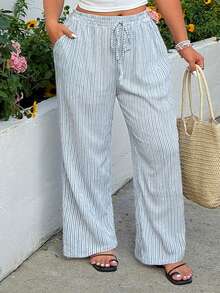GalTyme Plus Size Women's Blue And White Striped Wide Leg Pants,Waist Tie Loose Casual Boho Holiday Vacation Trousers For Autumn,Commute,Party,Beach,Y2k Chic - Multicolor - View 5