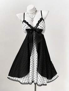 Sunspun Plus Size Polka Dot Contrast Color Bow Tie Strap Dress, Spring/Summer - Black and White - View 3