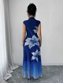 Elenzga 女士藏蓝色渐变网纱百合花印花优雅修身A字中长连衣裙，腰部褶皱设计，适合生日、约会、派对、情人节、劳动节、度假、夏季街头穿搭等场合 - 藏蓝色 - 查看 2