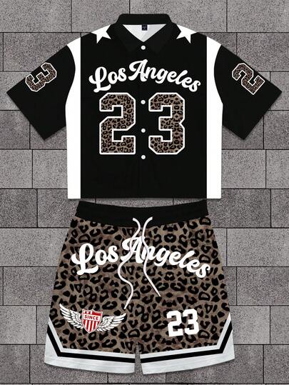 Manfinity EMRG 2pcs/Set Men's Retro American Los Angeles 23 Leopard Print Short Shirt And Shorts, Street Casual Sports Suit, Summer Short Unisex