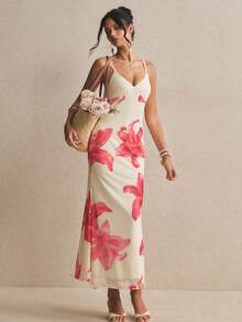 Poéselle 女士春夏新款撞色拼接长款印花连衣裙，浪漫假日风修身长裙 - 白色 - 查看 8