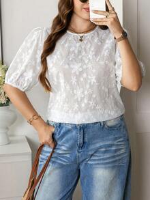SHEIN LUNE Áo kiểu nữ cỡ lớn, màu trơn, tay phồng, thêu họa tiết rỗng, phong cách phương Tây, Boho Bohemian thập niên 90, áo mùa hè, áo phong cách Boho cổ điển, áo mùa xuân, áo dự tiệc rave, áo trắng thêu lỗ. - trắng - Xem 3
