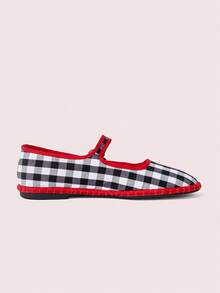 CUCCOO DOLLMOD Women Shoes Classic Black And White Checkered Contrast Edge Single Strap Flats Mary Jane - Black red - View 3