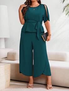 Breezaya Ensemble 2 pièces femme grande taille, chemise à manches fendues de couleur unie et pantalon large - Turquoise - Voir 3