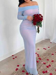 SHEIN SXY 女士优雅露肩褶皱连衣裙，夏季 - 彩色 - 查看 4