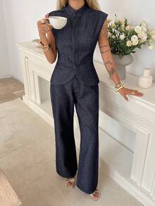 DAZY Women's Cotton Sleeveless Mock Neck Fitted Top And Casual Straight Leg Jeans Suit, Suitable For Commuting And Office, Summer - Blue - View 3