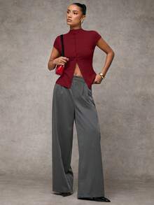 SHEIN BAE 女士秋季服装纯色高领短袖单排扣休闲女式上衣，纽扣针织衫，抓绒毛衣上衣，冬季服装 - 酒紅色 - 查看 3