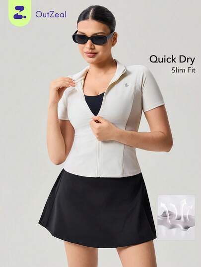 OutZeal 女士运动T恤 健身服 夏季速干修身立领前半拉链运动上衣