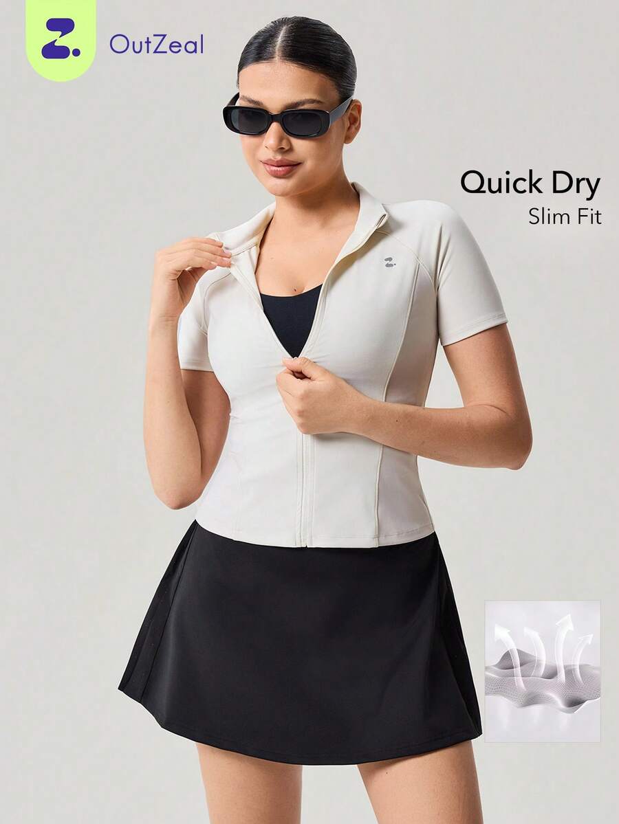 OutZeal Gym Top Women Sports Tee Solid Color Summer Spring Workout Casual Quick Drying Slim Fit Stand Collar Front Half Zip Active Tops - Beige - View 1