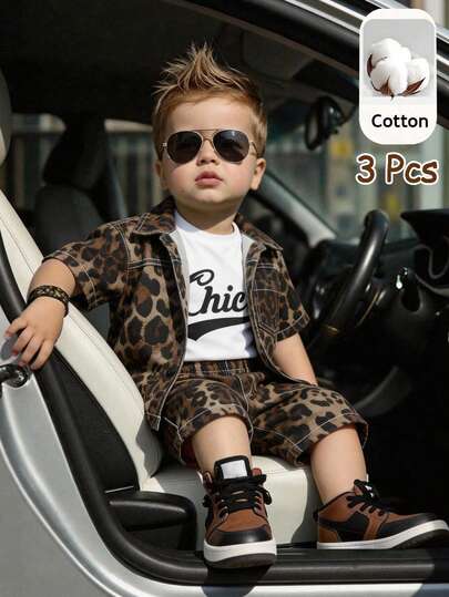 SHEIN 3-delige set unisex babyoutfit met luipaardprint van denim, bestaande uit een wit T-shirt, gebreide top, luipaardprint denim overhemdjasje en shorts, lente/zomer babykleding, streetwear set.
