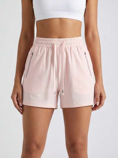 Short deportivo con cierre para mujer , cómodo, ligero, ideal para correr, gym, entrenamiento, fitness, yoga, uso casual o diario, tiro medio, cintura elástica, secado rápido, bolsillos funcionales, transpirable, 1 pieza