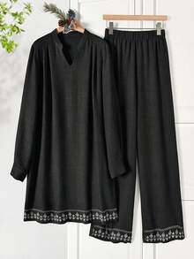 Rusticease Plus Size Elegant Notched Neck Long Sleeve Loose Top And Pants 2 Pieces Set, Spring Fall - Black - View 7