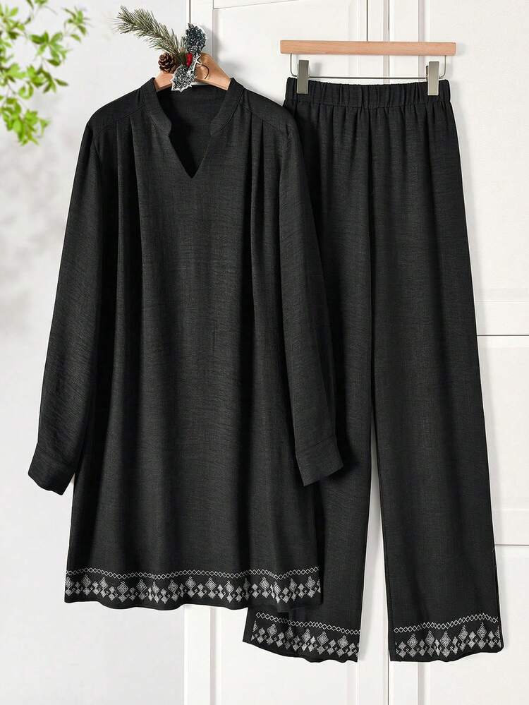 Plus Size Elegant Notched Neck Long Sleeve Loose Top And Pants 2 Pieces Set, Spring