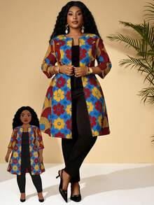 BrightlyHer Plus Size Women Floral Print Casual Versatile Daily Wear Open Front Long Sleeve Coat Fall - Yellow - View 7