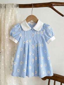 SHEIN Vintaside Kids 女婴格子碎花休闲连衣裙，乡村风格，舒适时尚，适合春夏穿着 - 紅色 - 查看 6