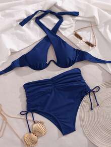 Swim SXY Set Bikini Wanita Warna Polos Model Halter Neck dengan Kawat Penyangga, Cocok untuk Liburan Musim Panas - Navy Blue - View 3