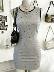 Lalippa Fashionable Polka Dot, Shell Embroidery Crafted, Round Neck Fitted Women Dress - Light Grey - View 3