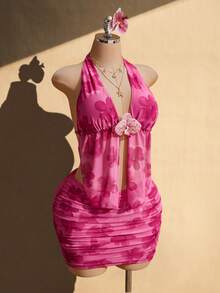 SHEIN ICON Ensemble top à col ras-du-cou et jupe plissée à imprimé floral pour femmes grandes tailles - Rose bonbon - Voir 9