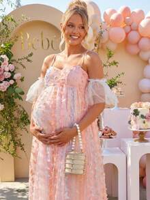 Loomaby Pink Butterfly Decor Off-Shoulder Maternity Dress For Baby Shower,Summer Fairy Elegant Pregnancy Dresses For Photoshoot,Gender Reveal Dress Set - Multicolor - View 6
