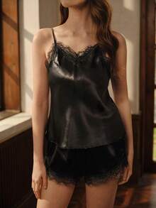 睫毛蕾丝缎面吊带睡衣套装/睡衣套装 - 黑色 - 查看 4