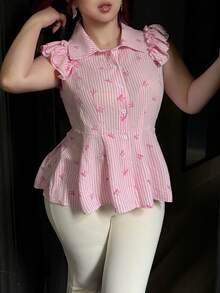 Vibekara 休闲优雅条纹蝴蝶结简约时尚荷叶边开衫衬衫，甜美度假休闲可爱约会派对女装 - 粉色 - 查看 5