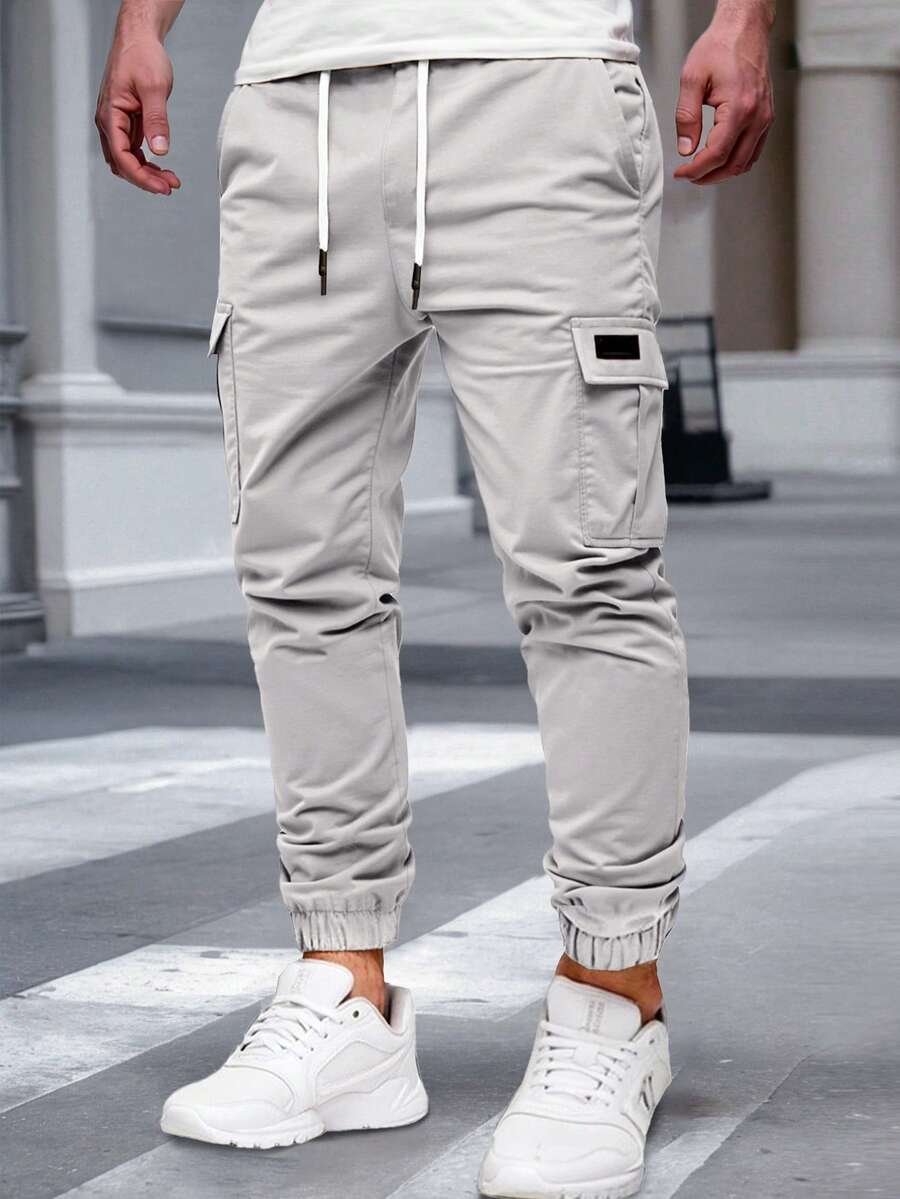 Manfinity Homme 男士纯色抽绳腰修身休闲工装裤 - 灰色 - 查看 1