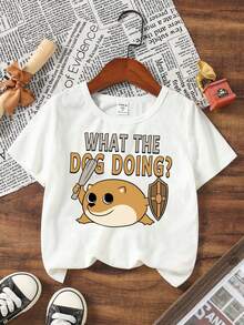 SHEIN Baby Boy Casual Cartoon Print Short Sleeve Round Neck Top, Suitable For Summer, Classic Cartoon Puppy Shield Print - White - View 2