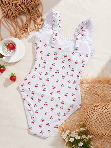 Swim Mod Bộ đồ bơi liền thân màu đen anh đào kiểu retro mới năm 2026 dành cho nữ, dây đeo vai rộng có thể điều chỉnh với bèo nhún dễ thương, phần ngực trang trí nơ, eo xếp ly, phong cách thời trang đi biển cho kỳ nghỉ hè. - Nhiều màu - Xem 5