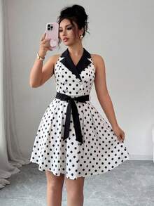 Elenzga Đầm nữ không tay, phối eo, chấm bi, dáng chữ A, thanh lịch, lãng mạn, tinh tế. - Đen và trắng - Xem 1