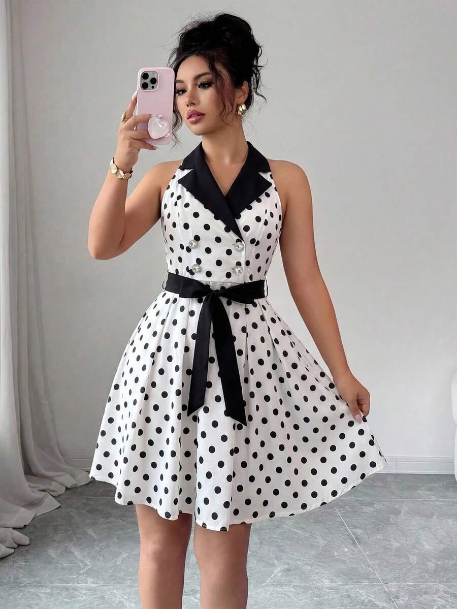 Elenzga Đầm nữ không tay, phối eo, chấm bi, dáng chữ A, thanh lịch, lãng mạn, tinh tế. - Đen và trắng - Xem 1