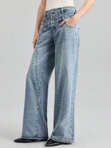 Ontre 2026春夏女式浅蓝色水洗牛仔裤，时尚百搭，休闲通勤，都市时尚，简约优雅，春夏、度假、约会、节日穿着皆宜，不对称腰身设计，时尚女式牛仔裤 - 淺色水洗藍 - 查看 5