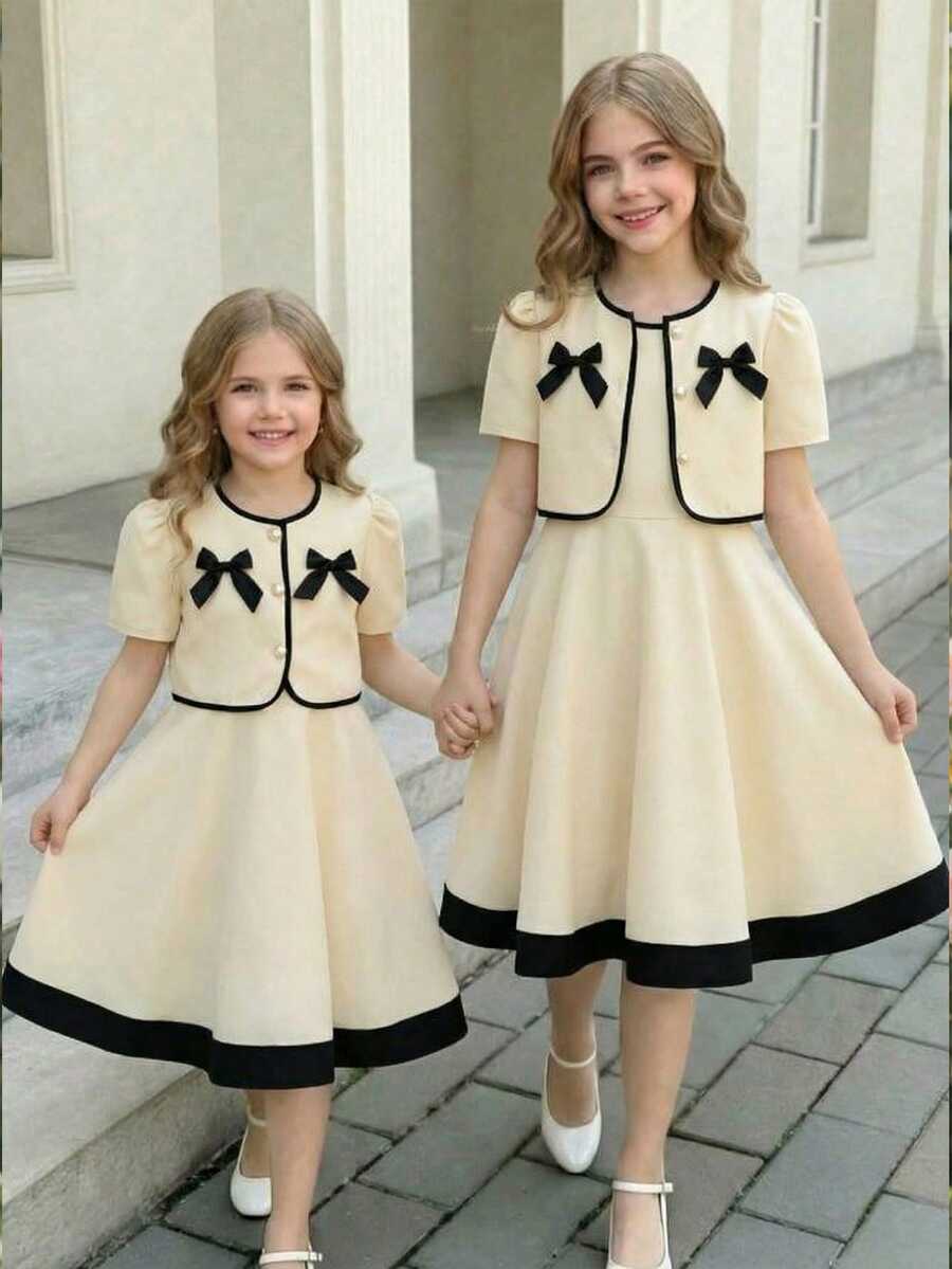 SHEIN Black And White Tween Girl 2026 Spring/Summer Elegant Bow Decor Jacket & Dress Set - Beige - View 1