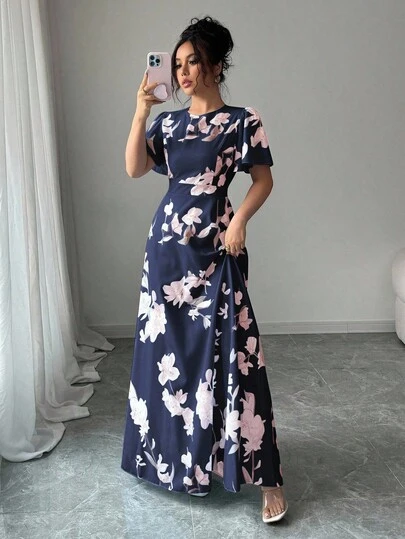 Elenzga Ruffle Sleeve Round Neck Waist Cinched Digital Print Elegant Romantic Women Dress