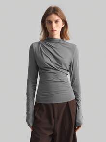 SHEIN X Scot Louie Ontre Áo thun nữ tay dài cổ đứng xếp ly dáng cơ bản, thiết kế mới mùa Xuân/Hè 2026, thanh lịch, phù hợp cho công sở và đi làm. - Màu xám đen - Xem 3