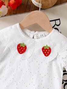 SHEIN Vintaside Kids Baby Girl Summer Casual Countryside Vacation Style Strawberry Applique Ruffle Collar Puff Sleeve Schiffy Top And Gingham Print Frill Hem Shorts Set - Multicolor - View 7