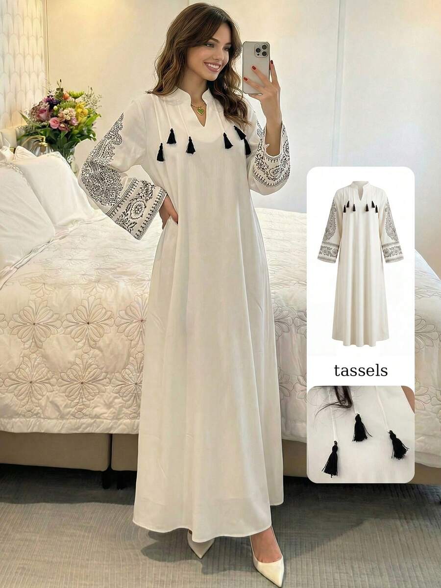Al Najma 女士春夏梭织印花立领流苏吊坠长袖优雅阿拉伯连衣裙 - 彩色 - 查看 1