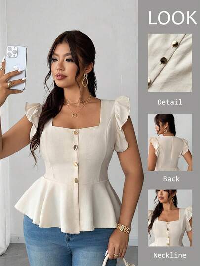 Elenzga Plus Size Women's Elegant Casual Daily Heart Decor Pocket, Beaded, Shirt Collar Short Sleeve Blouse