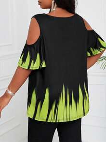 SHEIN Lady 加大码女式休闲印花露肩圆领短袖T恤，夏季 - 彩色 - 查看 2