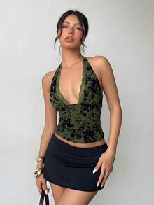 Aloruh 女士性感花卉植绒露背吊带上衣，夏季 - 軍綠色 - 查看 4