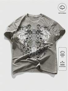 ROMWE MEN Goth Men's Casual Wing & Cross Print T-Shirt, Summer - Lead Gray - View 3