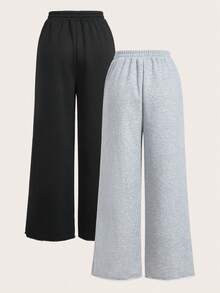 SHEIN Tall CURVE 大码女式纯色抽绳腰阔腿宽松休闲运动裤 - 彩色 - 查看 2