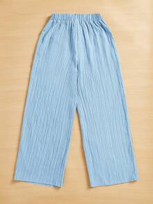 SHEIN Essnce Pantalones capri de pierna ancha con cintura elástica y textura, de estilo casual de verano - Celeste - Ver 2