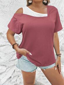 EMERY ROSE Plus Size Summer Casual Contrast Color Asymmetric Collar T-Shirt - Redwood - View 6