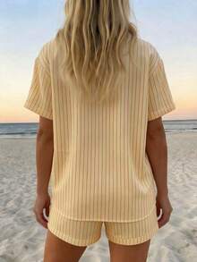 Vaclyn Women's Striped Print Shirt And Shorts 2 Pieces Set - Yellow - View 2