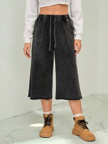 SHEIN Tall Quần short nữ mùa hè phong cách đường phố, cao bồi, cổ điển, dáng rộng, cạp chun, màu đen, thích hợp đi chơi. - Màu Xám nhạt - Xem 4