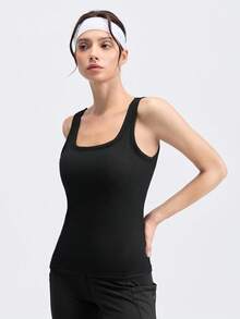 Loungeista 1pc Black Basic Tank Top With Detachable Chest Pad, Slim Fit, Perfect For Inner Wearing And Outer Wearing, Ideal For Casual Occasions, Workout - Black - View 5