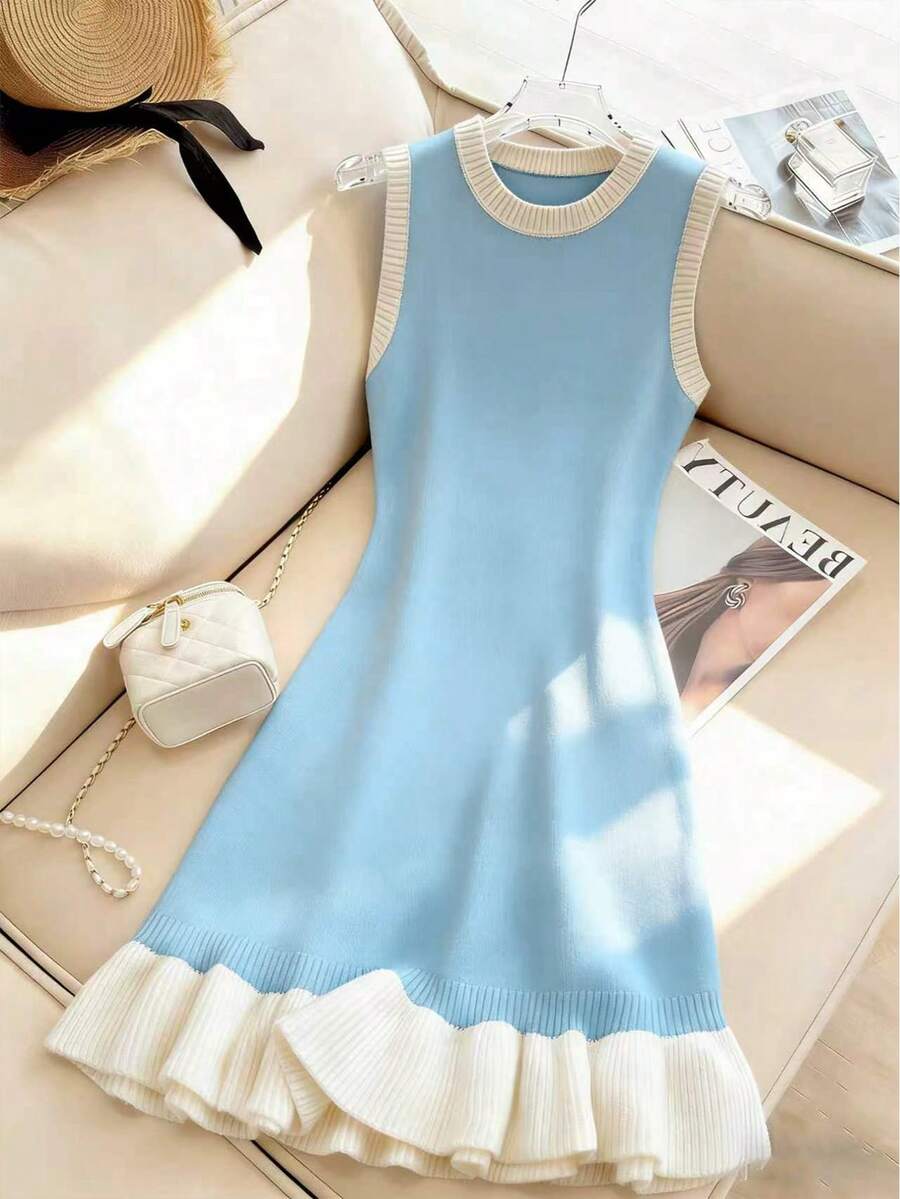 SHEIN LUNE 女士休闲修身圆领无袖针织撞色滚边荷叶边下摆黑色毛衣连衣裙,春夏款 - 藍色 - 查看 1