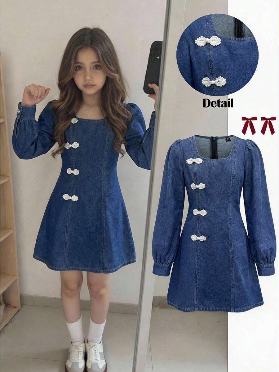 SHEIN Váy ngắn cổ vuông denim xanh cho bé gái tuổi teen - Rửa trung bình - Xem 1